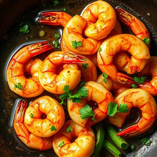 Un plato de gambas al ajillo chispeando en aceite con ajo y perejil.