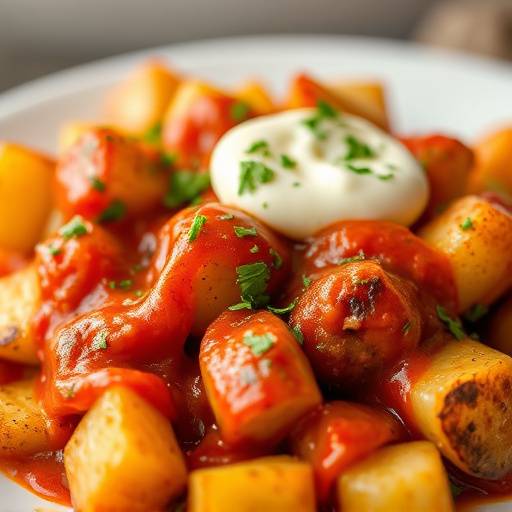 Un plato de patatas bravas con salsa roja y alioli.
